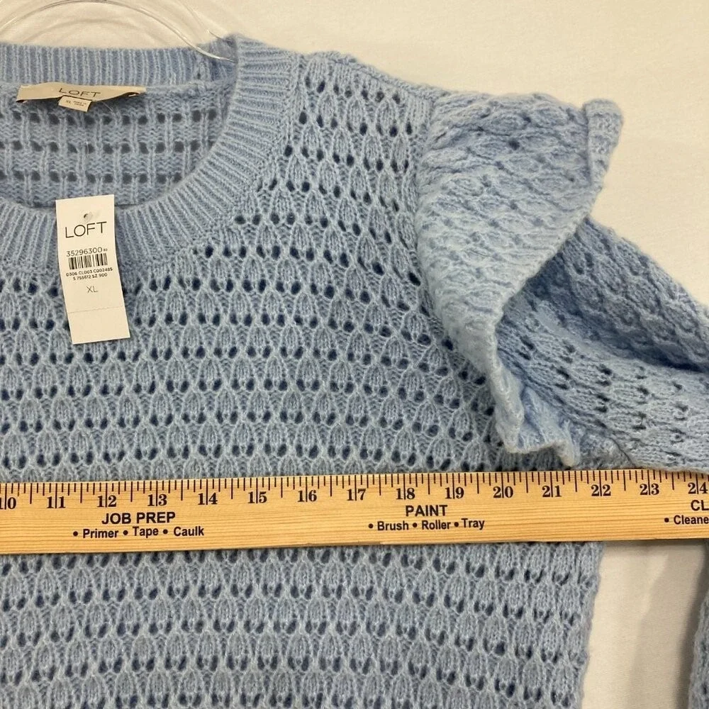 New LOFT size XL Light Blue Open Knit Ruffle Detail Elegant‎ Preppy Sweater